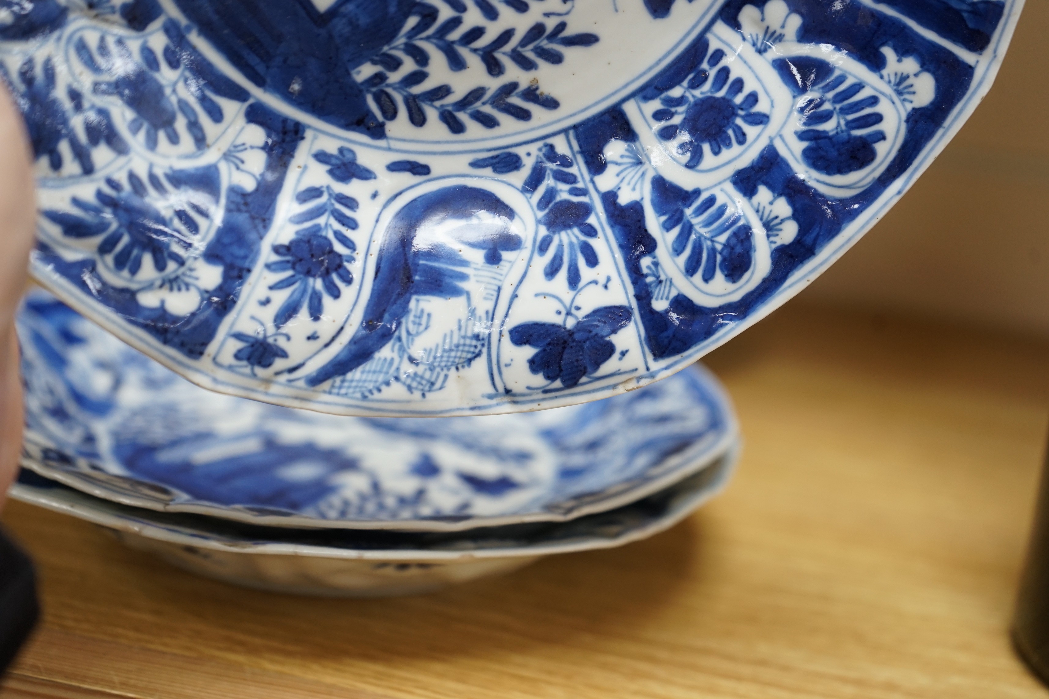 Eight Chinese blue and white octagonal plates, Kangxi period, 20.3 cm wide